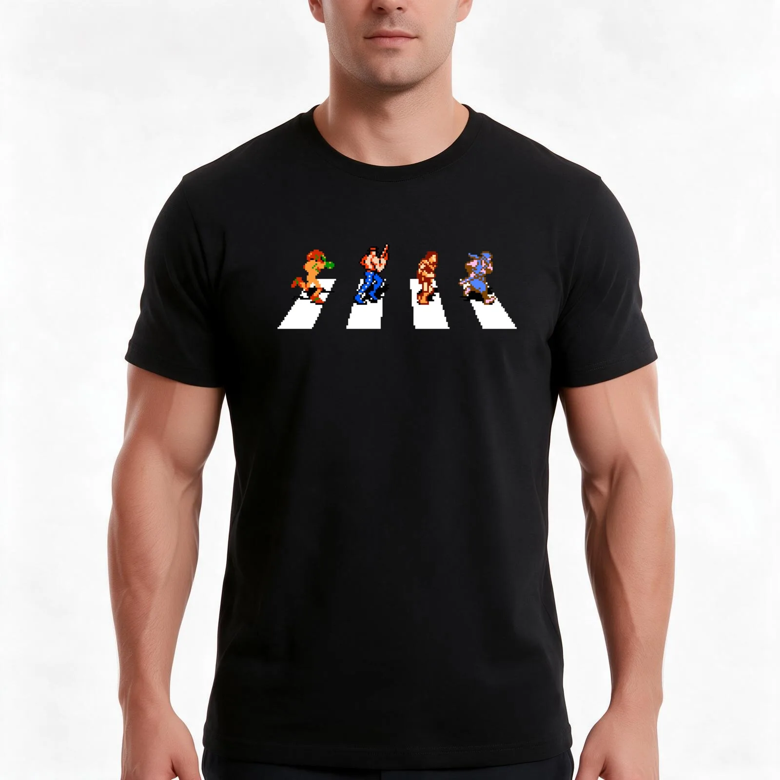 8-Bit Road T-Shirt, Summer Casual Cotton Tee, Oversized Streetwear Tops, Vintage Graphic Print, Loose Fit Short Sleeve