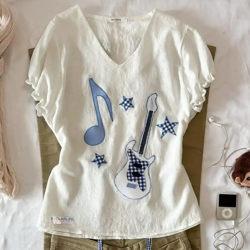 White V-Neck Guitar & Music Note Appliqué Gingham Star Ruffle Sleeve Y2K Tee Chic Lovely Preppy Style Y2K JAPANESE Style Summer