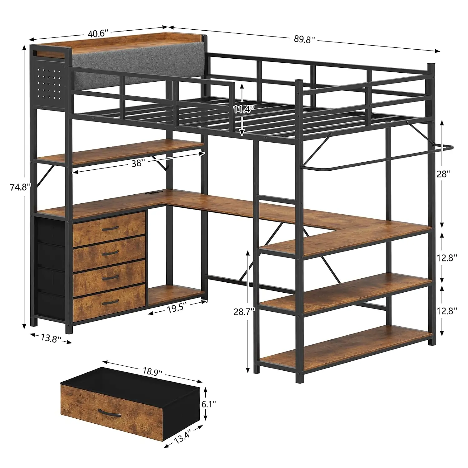 Loft Bed Twin Size with Storage Upholstered Headboard & U-Shaped Desk | Twin Loft Bunk Beds with LED Lights & Power, Customized