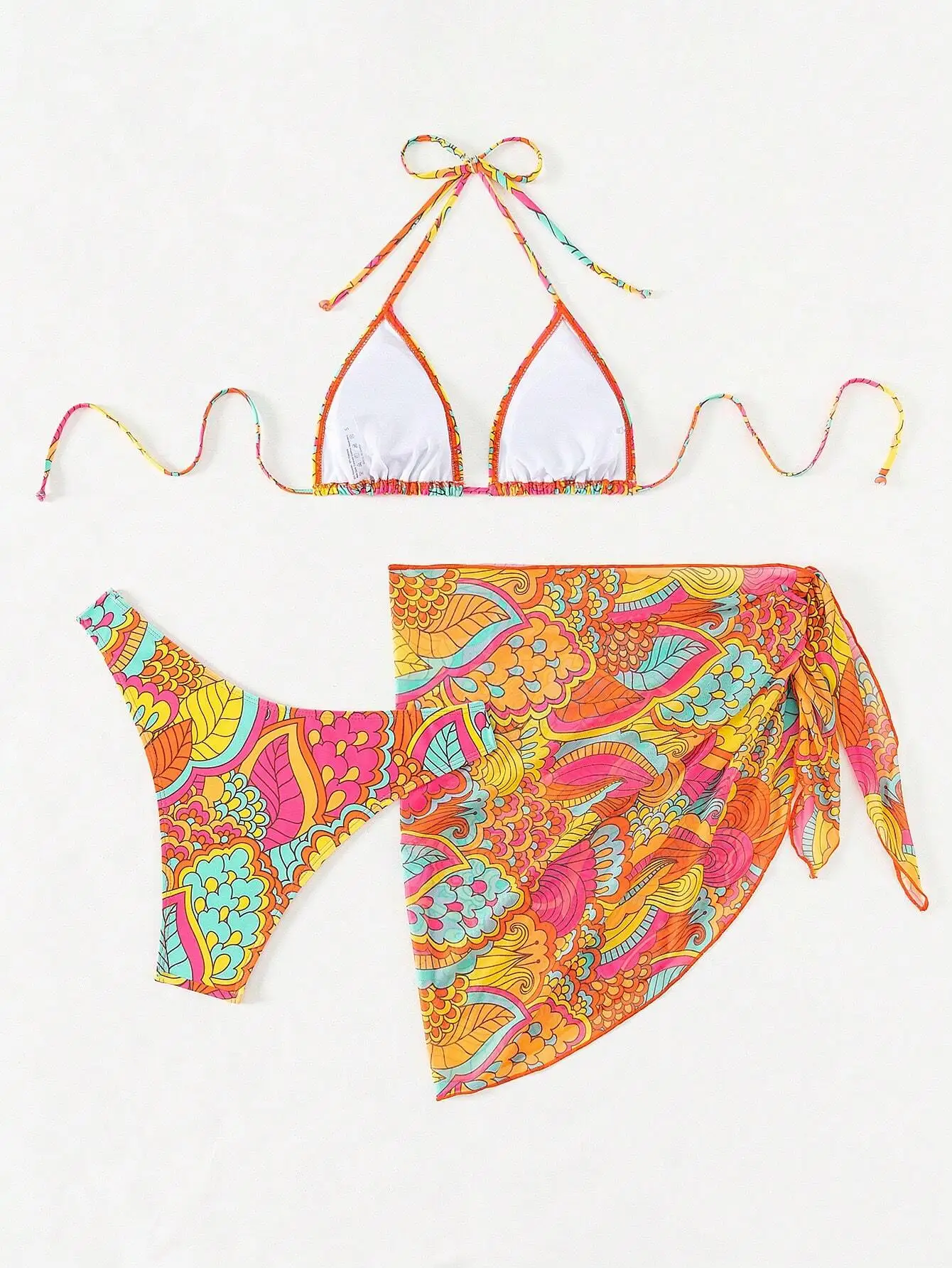 

Яркий психоделический купальник-бикини с треугольными чашечками и подходящей юбкой-парео, пляжный комплект из трех предметов для женщин