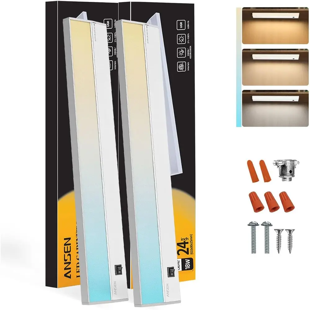 

24 Hardwired Under Cabinet LED Light, 18W, 1237 Lumens, Dimmable, 3000K-5000K, CRI 92+, R9 90+ for Kitchen or Closet
