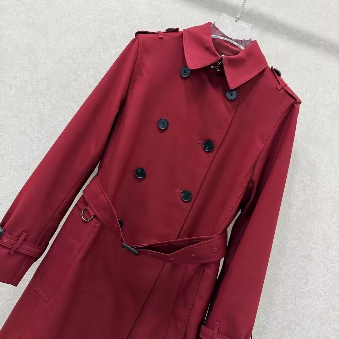 2026 New Autumn Fashion Elegant Red Chic Trench Coat Women Lapel Long Sleeve Double Breasted Slim Belt Vintage Long Outwear