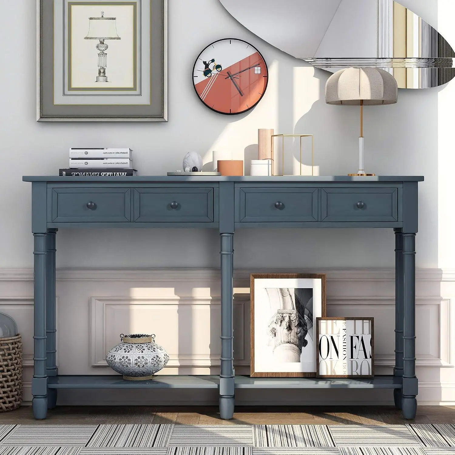 Rustic Console Table 2 Drawers & Bottom Shelf Solid Wood Entryway Hallway Living Room Easy Assembly Navy Customized