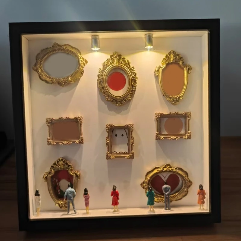 DIY Mini Museums Figurine Box Craft Set for Family Memory Display Elegant Miniature Statues and Golden Frames 15UB