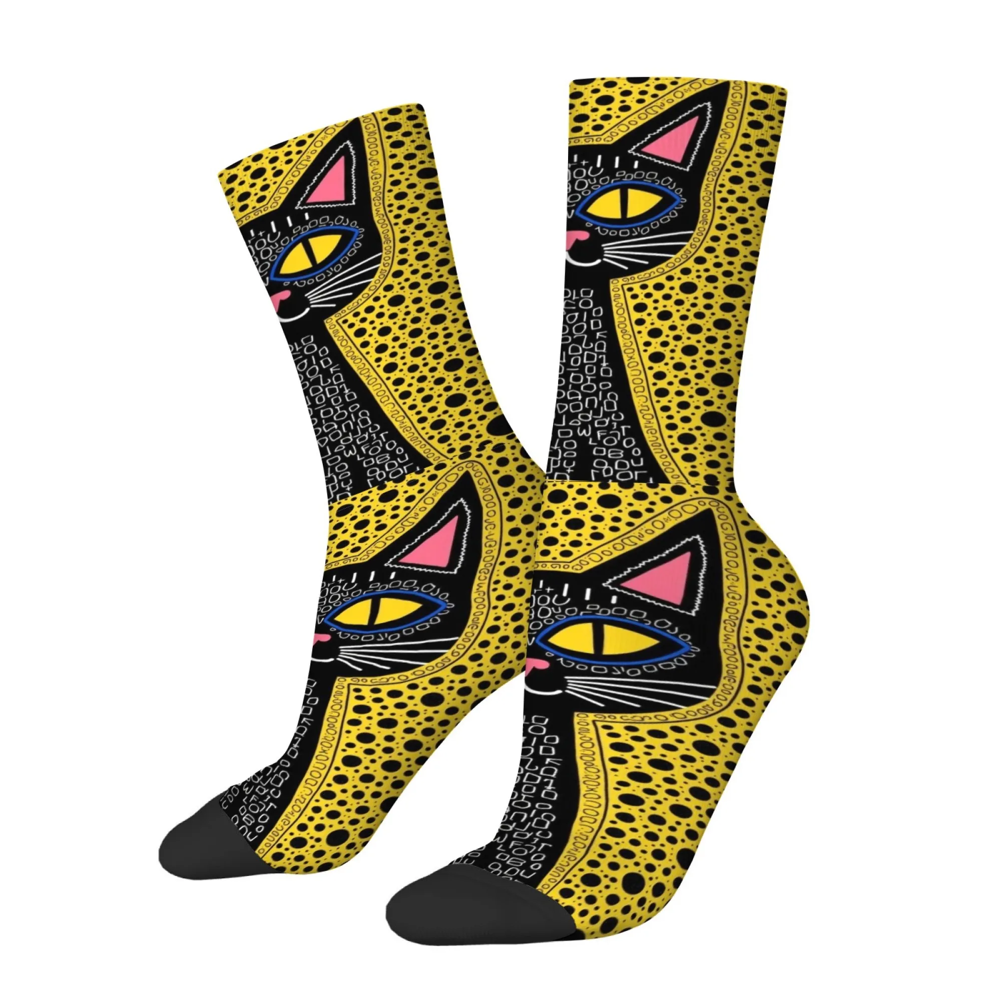 1 Pair Yellow Abstract Cat Men Socks Vibrant Cartoon Design Perfect for Home Parties Festivals Gift Giving & Travel Funny Socks
