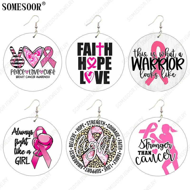 SOMESOOR October Cancer Awareness Month Designs Wooden Drop Earring For Women Gifts Peave Love Hope Cure Print Ear Loops Dangle