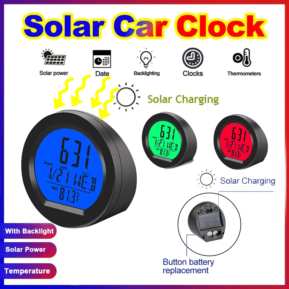 Solar powered Car Clock Dashboard Thermometer Auto Electronic Watch Clock Led Digital Display with Back Luminous Car Accessories