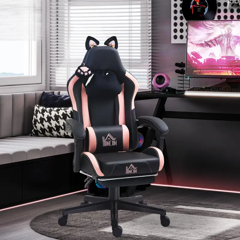 Chaise de gaming rose et noire en similicuir avec rembourrage en mousse. Fauteuil inclinable, avec repose-pieds amovible et coussins lombaires et cervicaux. Hauteur réglable, offre un grand confort pour les longues sessions de jeu ou d'étude à la maison.