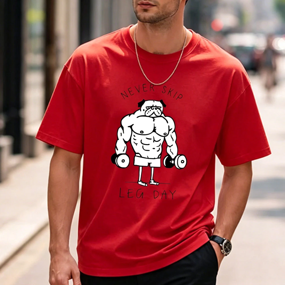 Unisex Cotton Crew Neck T Shirt Never Skip Leg Day Muscular Pug Holding Dumbbells Cartoon Print Gym Leg Day Motivation Fitness