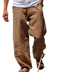 Spring and Summer Men's Casual Cotton Linen Elastic Waist Blend Comfortable and Soft Beach Casual Pants