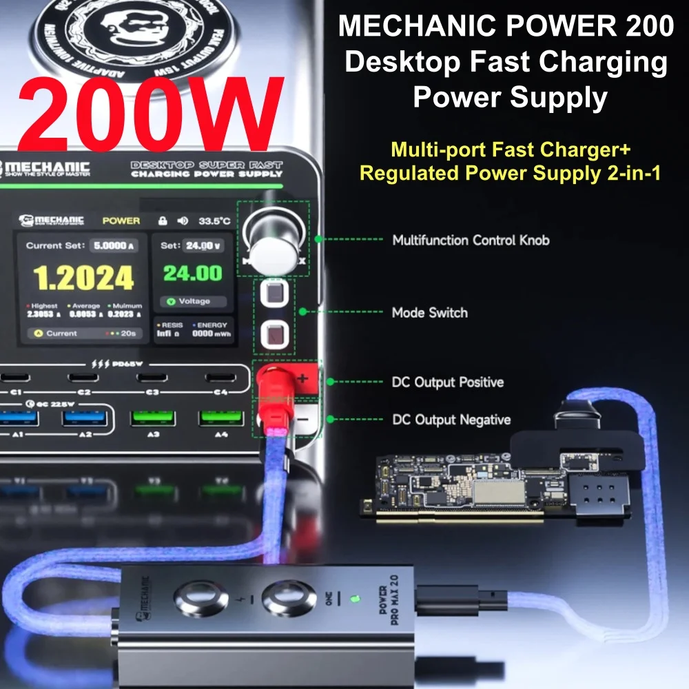 

Power 200 Desktop Power Supply 8-port Fast Charger 3-24V 5A PD3.1 QC3.0 Qi2 GaN Wireless Charging for Phone Laptop Smartwatch