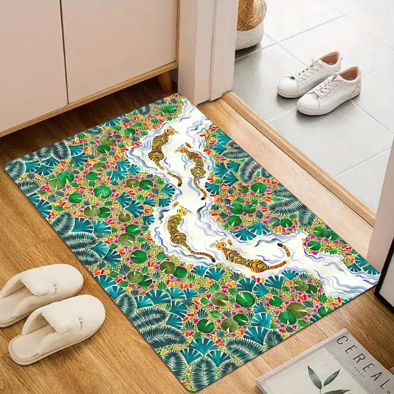 Area Rug Non-Slip Washable Carpet Floor Mat Doormat with Exotic Tiger Pattern for Front Door Entryway Boho Decor European Retro