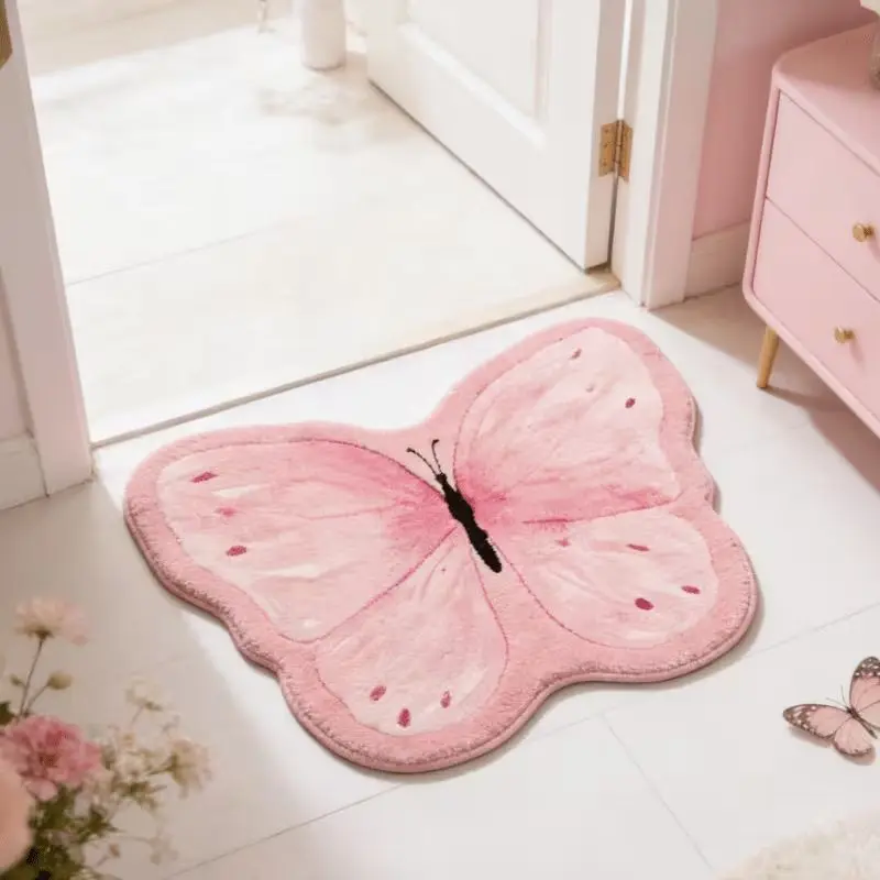VIKAMA Pink Butterfly Rug Irregular Shape Watercolor Non Slip Soft Flannel Floor Mat for Bedroom Living Room Girls Room Floral