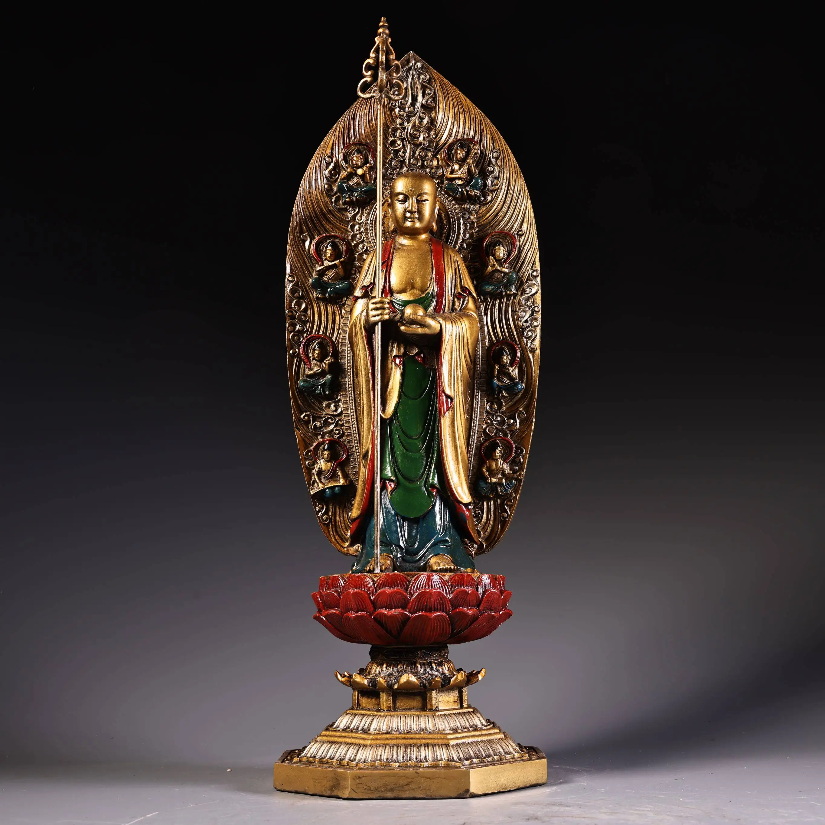 Standing Bronze Painted Gilt Ksitigarbha Bodhisattva Statue Serene Face Heavy Patina Fine Craftsmanship Home Decor Collectible