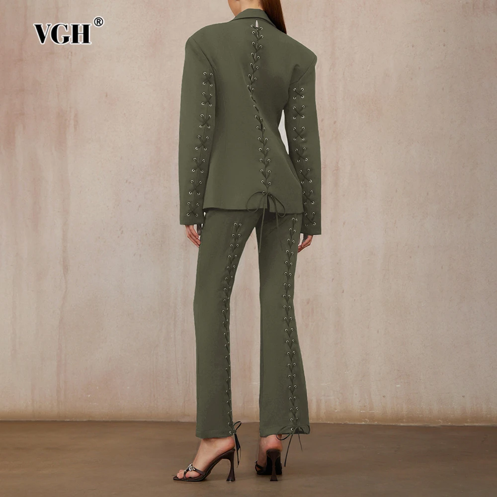 

VGH Большой комплект из двух предметов для женщин, топ с зубчатым воротником и длинными рукавами, прямые брюки с высокой талией, женский костюм на шнуровке сзади