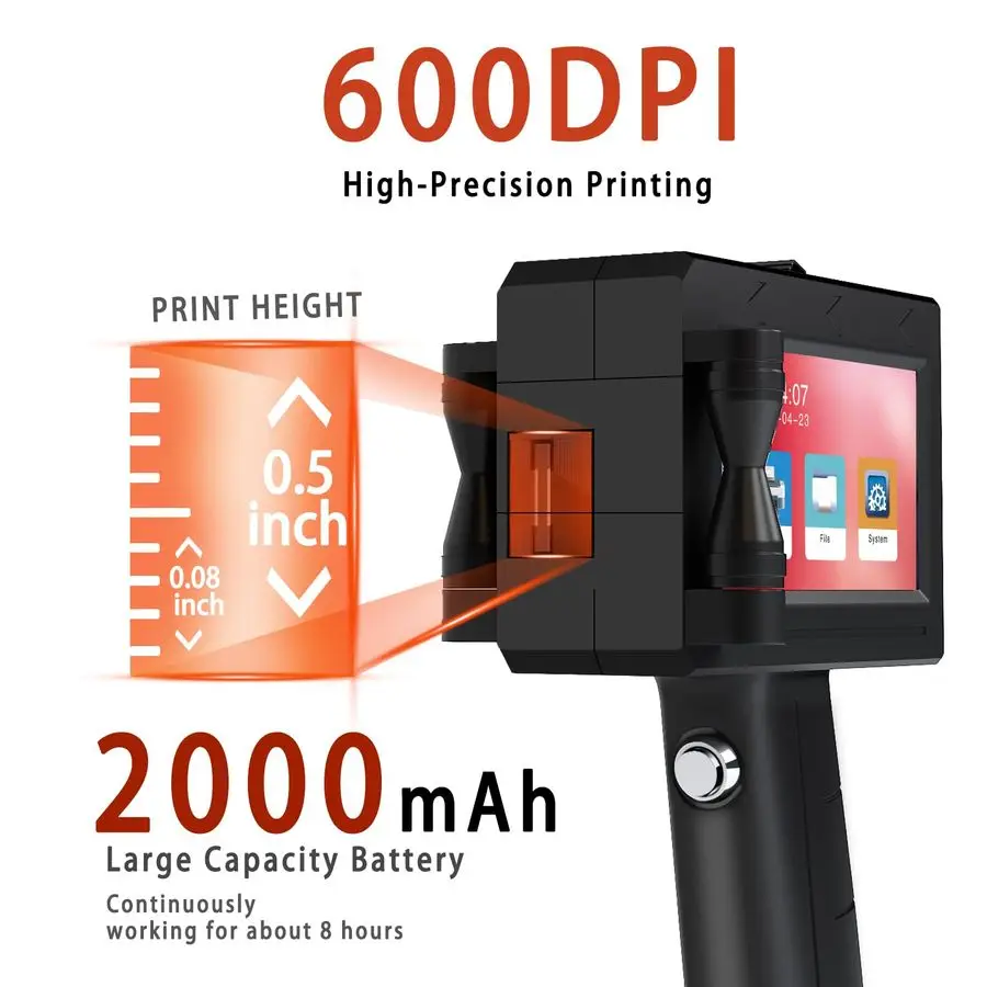 طابعة نافثة للحبر محمولة، مسدس طابعة محمول محمول مع حبر سريع الجفاف سعة 42 مل، فوهة 0.5 بوصة للنص، ورموز الاستجابة السريعة، والباركودات، والمختبر #2