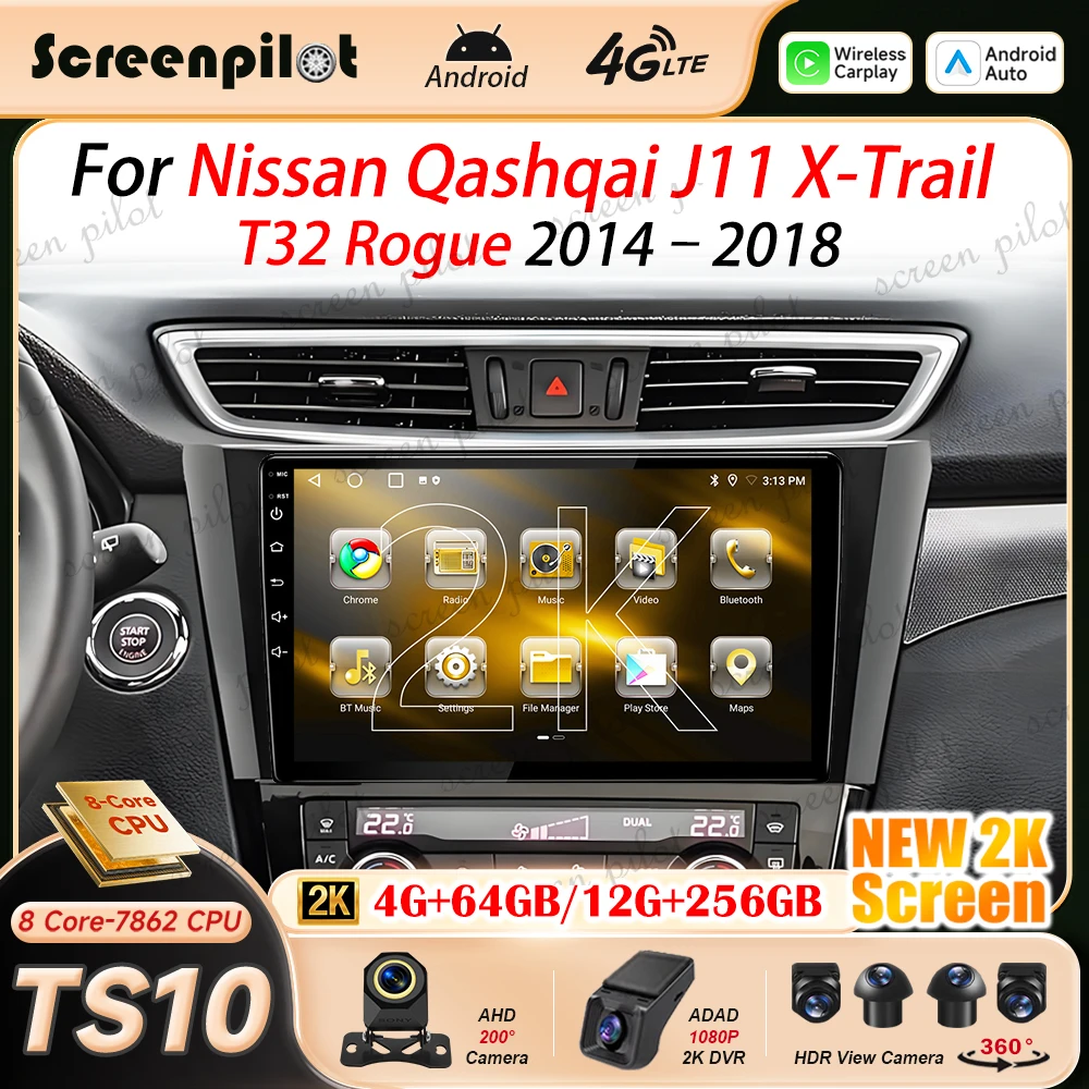Android 16 Car Radio For Nissan Qashqai J11 X-Trail T32 Rogue 2014 – 2018 2K QLED Multimedia Video Player Navigation GPS NO 2DIN