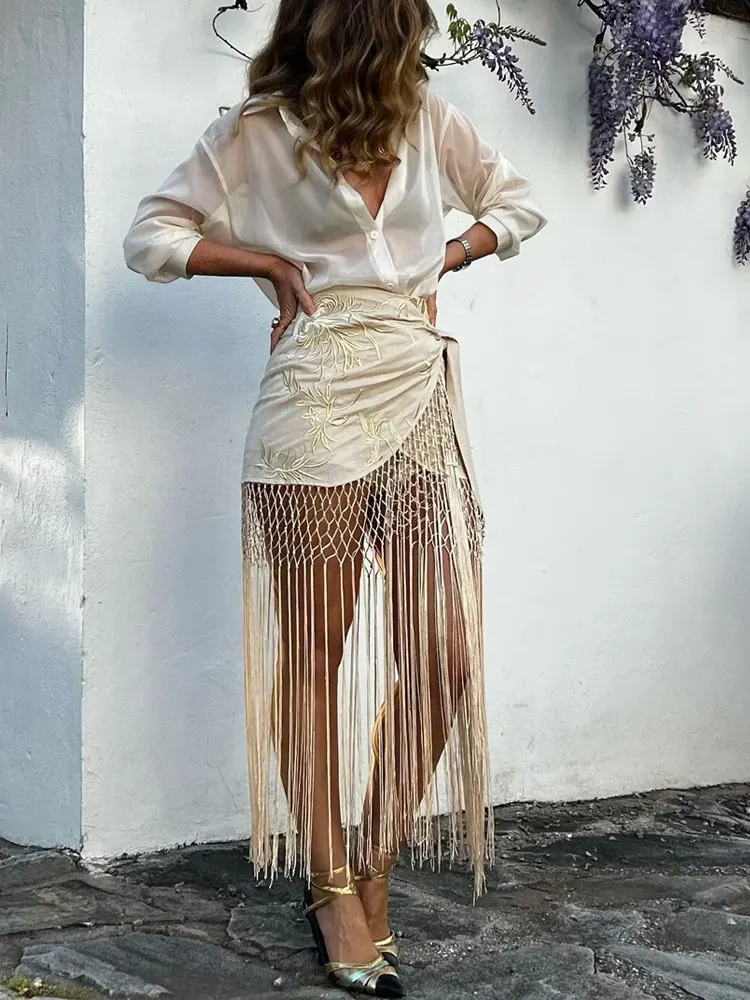 

HH женская уличная юбка с вышивкой и кисточками, летняя модная нижняя часть, кружевные асимметричные юбки миди с высокой талией и узлом