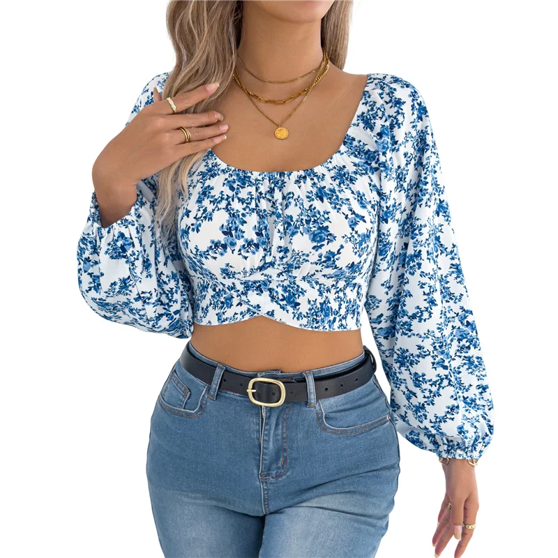 

AOAO-Women's Floral Cropped Top Square Neck Tie Backless Shirt Top