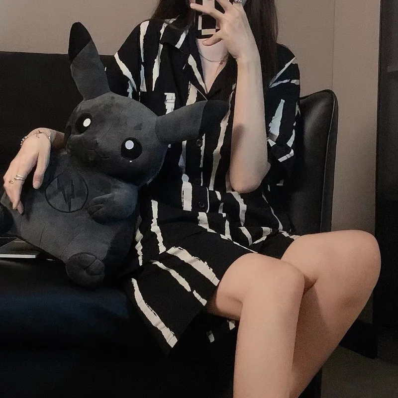 잠옷 여성 여름 만화 귀여운 곰 짧은 소매 Nightwear Loungewear 세트 숙녀 카디건 줄무늬 격자 무늬 짧은 잠옷