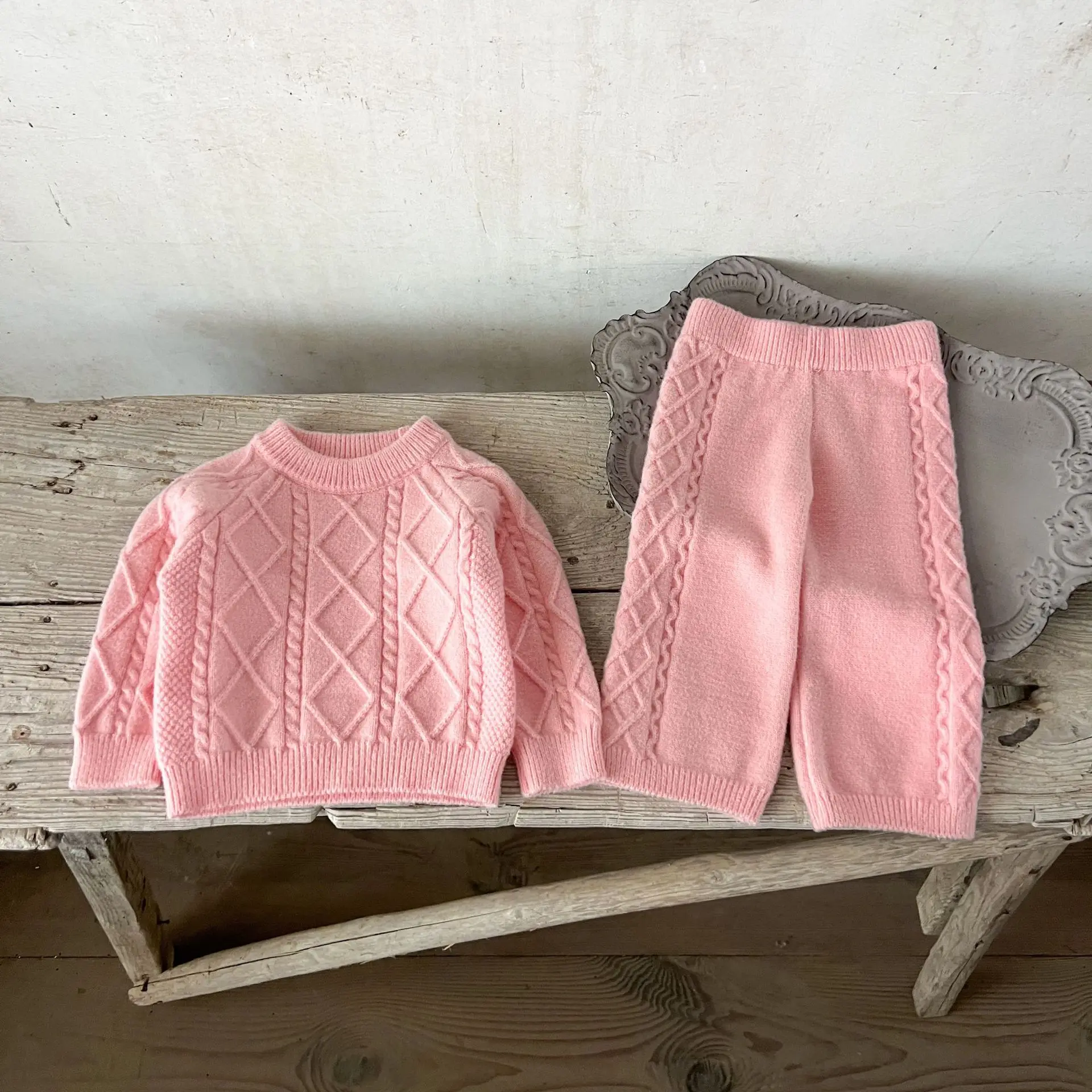 Autumn New Children Knit Clothes Set Girls Solid Loose Sweater + Pants 2pcs Suit Fashion Baby Knitted Outfits Kids Clothes