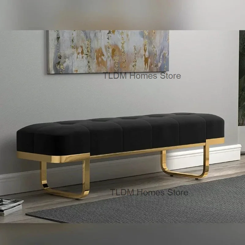 Luxury Nordic Stools Living Room Velvet Porch Furniture Customizable Shop Rest Hallway Ottoman Metal Bench Bed End Stool Sofa