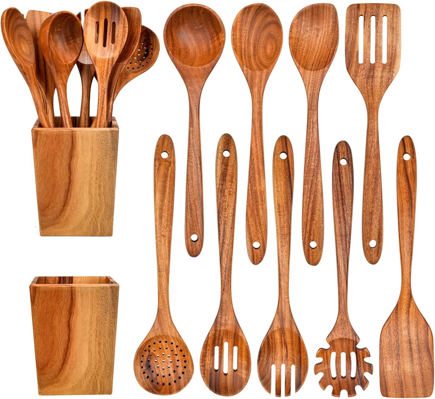 

13-Inch Long Wooden Spoons Set, 9-Piece Natural Teak Kitchen Utensils with Holder for Cooking