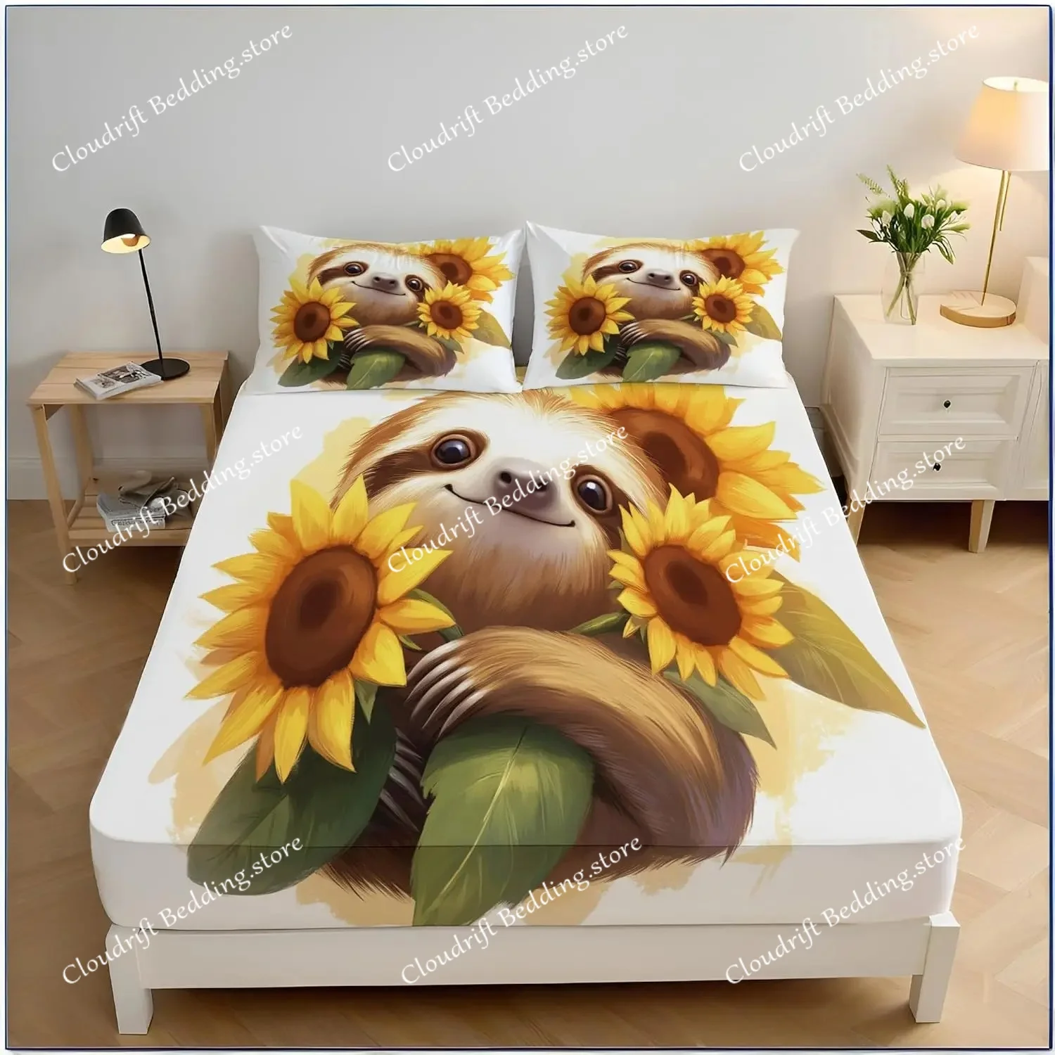 Sloth Sunflower Fitted Sheet, Animals Bed Sheets Wrinkle Shrinkage Room Decor For Teens Boys Girls,Bedding Decor Set