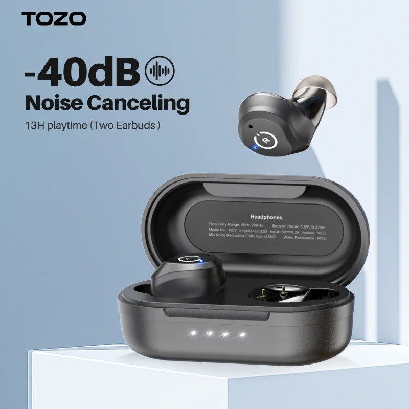 TOZO NC9 Wireless Headphones ,Bluetooth Earphones With Deep Bass,9.2mm Driver Earbuds ,IPX6 Waterproof Black Headset,32H