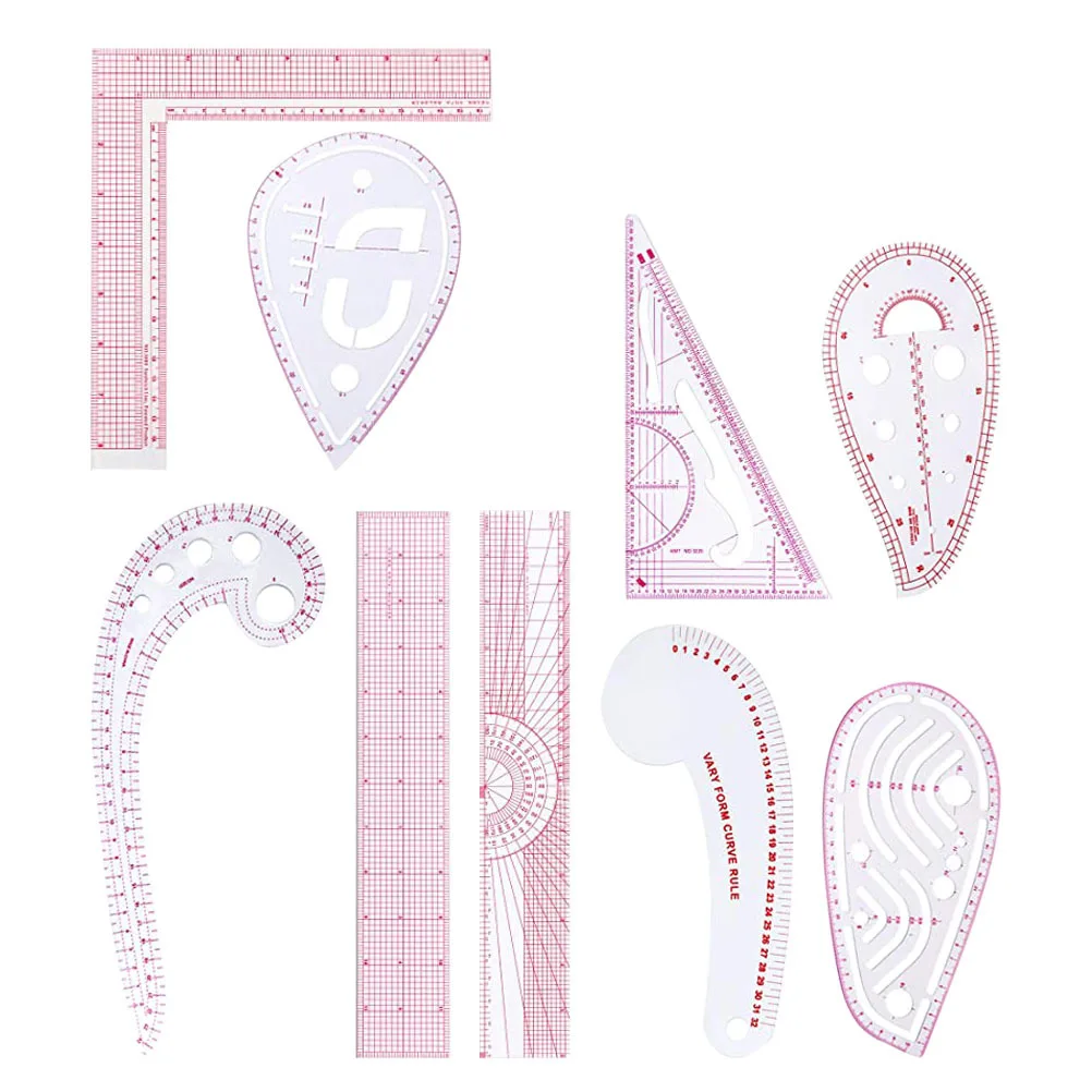 9pcs Measuring Rulers Set Transparent Plastic Sewing Tools For Tailors Diy Crafts Dressmaking Grading Drawing Cutting Work