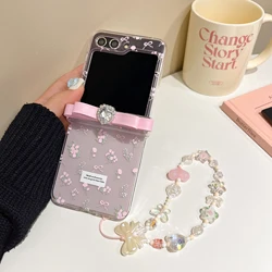 Luxury Rhinestone Love Heart Leather Bowknot Phone Cover, Cute Flowers Hinge Case with Bracelet, Samsung Galaxy Z Flip 5, 4, 3