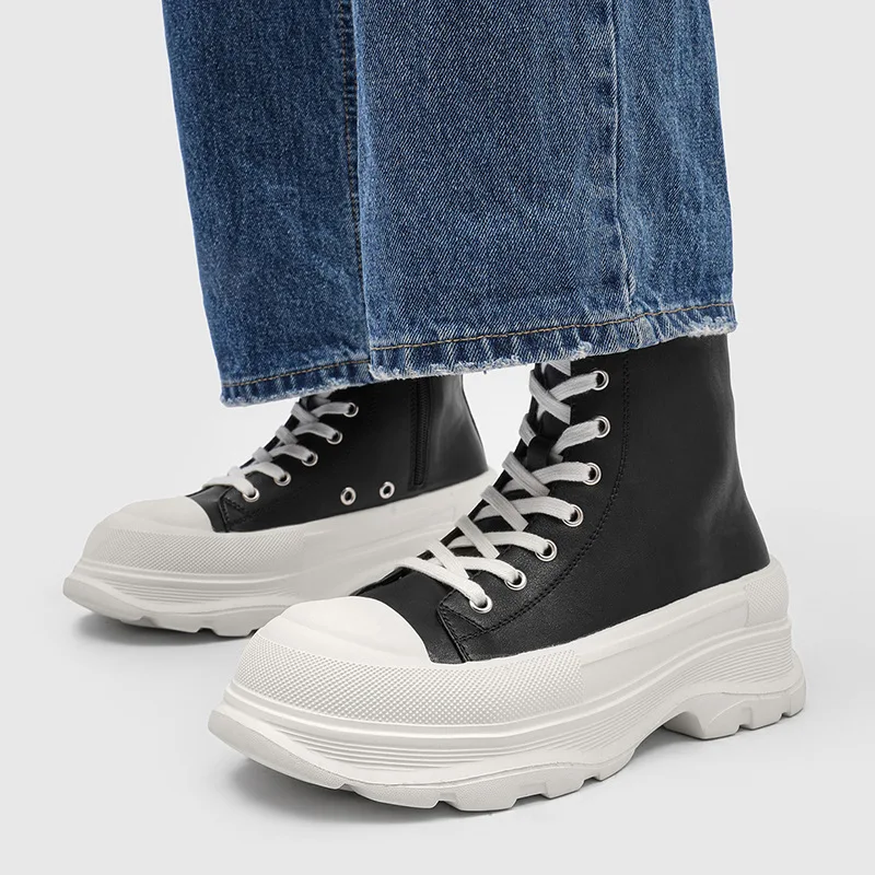 Botas de moda para hombre, zapatos de cuero originales negros, botas de plataforma estilo cowboy punk rock, botas de tobillo bonitas para primavera y otoño para hombre
