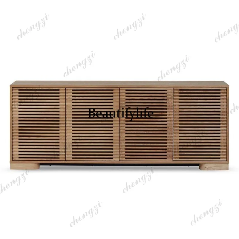 Solid wood TV cabinet Simple living room locker Log 100 pages Hollow grille Entrance cabinet