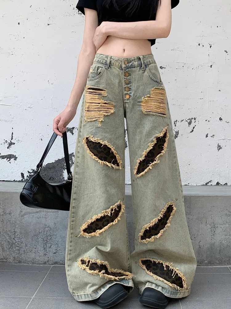 2025 Grunge Y2K Streetwear Leopard Patchwork Baggy Ripped Jeans Pants For Women Clothing Wide Leg Retro Punk Lady Denim Trousers