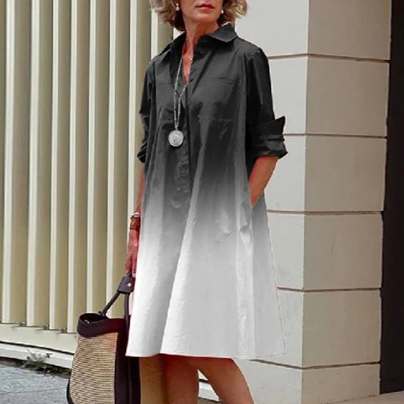 Spring Summer Shirt Dress Women Turn Down Collar Long Sleeve Tie Dye Printing Midi Dresses For Women Elegant Pocket Holiday Robe