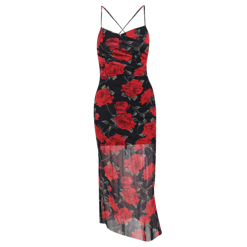 Damska Moda Sexy Sukienka na Ramiączkach w Jednolitym Kolorze Sznurowany Design Elegancka Sukienka Letnia w Linii A Długa 2025 Odzież Temperamentna, Madam