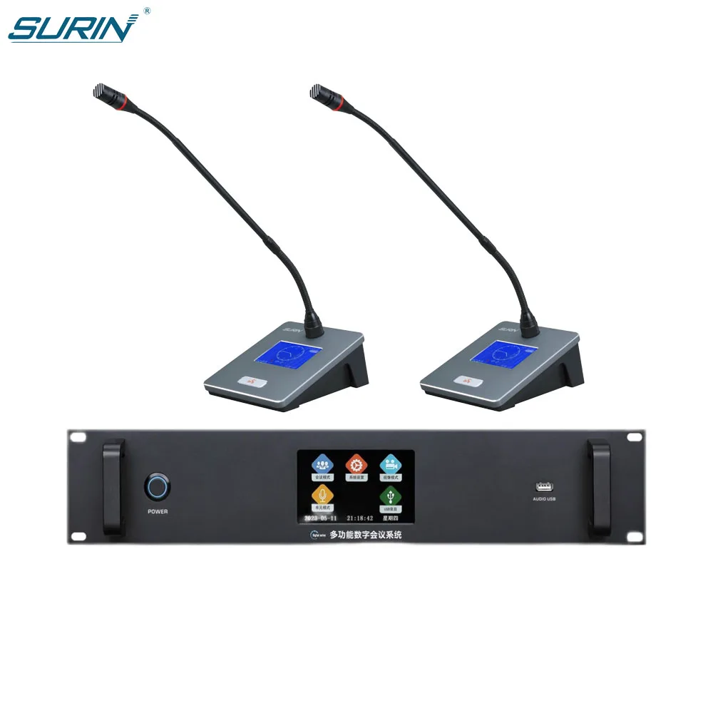 SURIN Wired Conference System Kit: 1 Host + 2 Mics, 4.5'' Touchscreen 64bit DSP, Square Tube & Gooseneck, Meeting Room S-8900