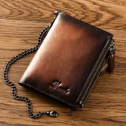 Dante Leather Men‘s Wallet Top Layer Cowhide RFID Anti-theft Brush Wallets Card Swiping Driver's License Chain Zipper Coin Purse