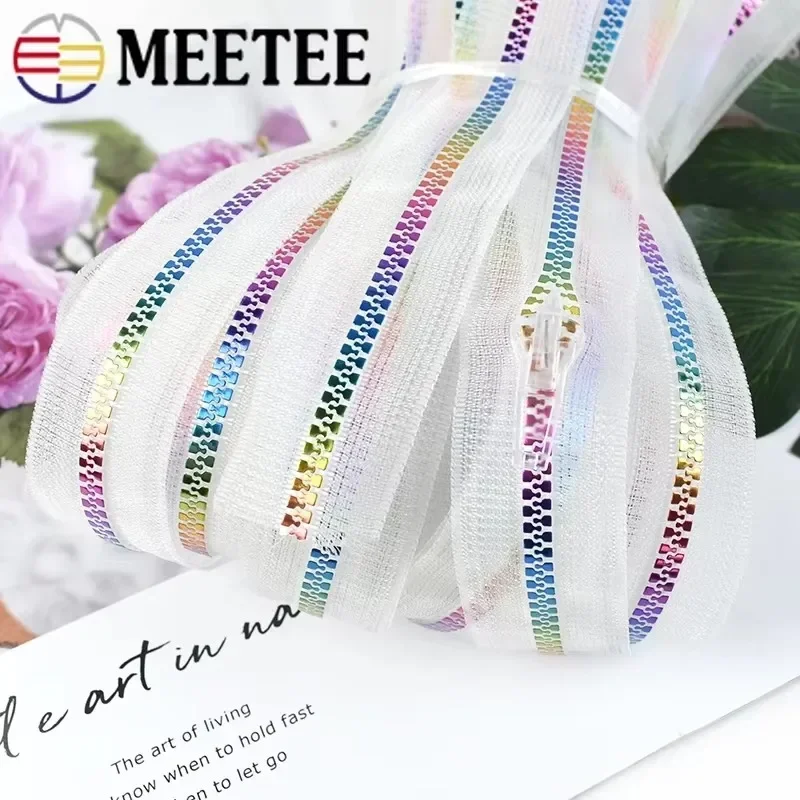 

2/5/10M 5# Resin Zipper Tape with Zippers Slider Puller Rainbow Tooth Transparent Decorative Zip Clothes Zips Sewing Accessories