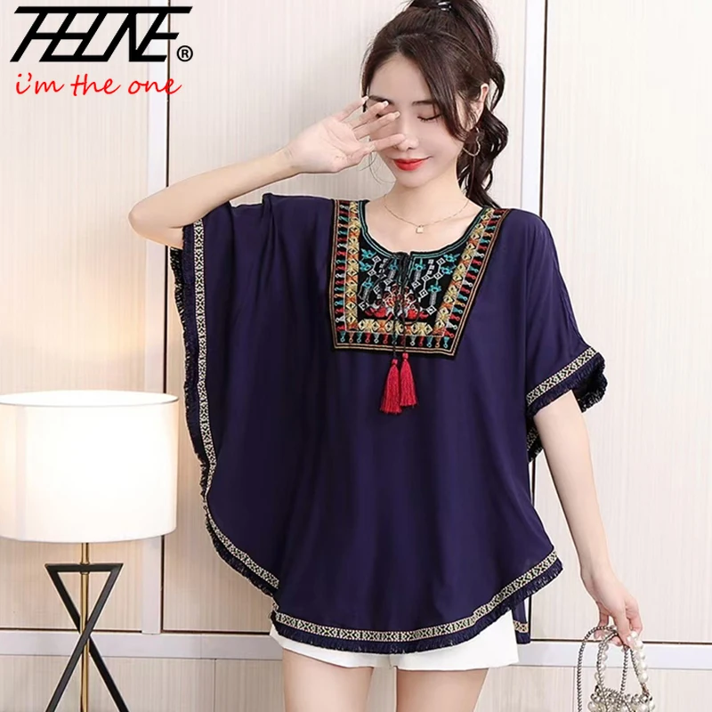 THHONE Sommer Frau T-Shirts Stickerei Indie Folk Koreanische Beiläufige Lose Druck Vintage Mode Batwing Hülse frauen Kleidung Tops