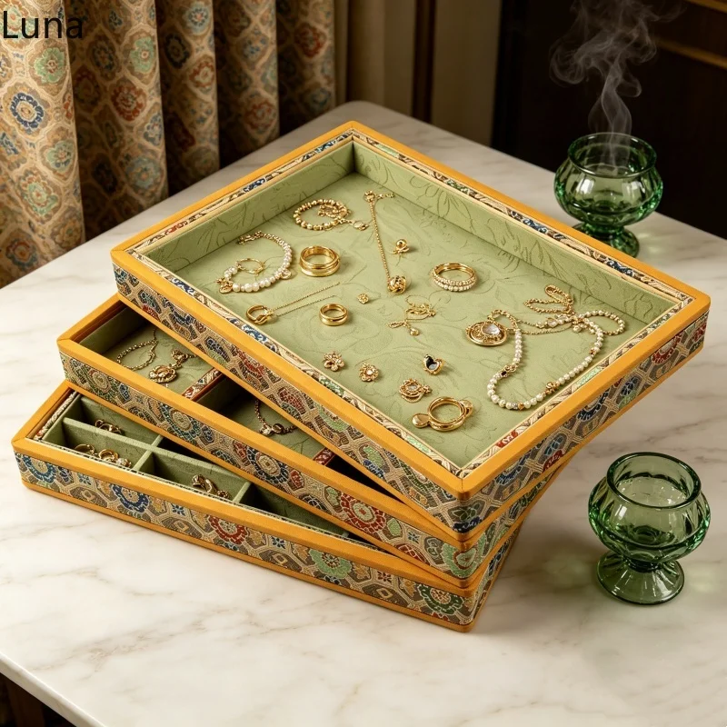 Green Wood Brocade Jewelry Tray, New Chinese Style Multi-Compartment Storage, Ramadan Gift for Necklace Bracelet
