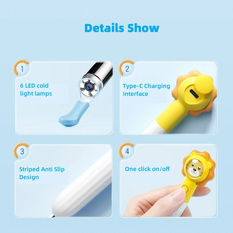 Ear Cleaner Q3 Visual In Ear Wax Remover Wireless Otoscope Camera Cartoon Lion Cleaning Kit Tool Ear Stick Child Health Care