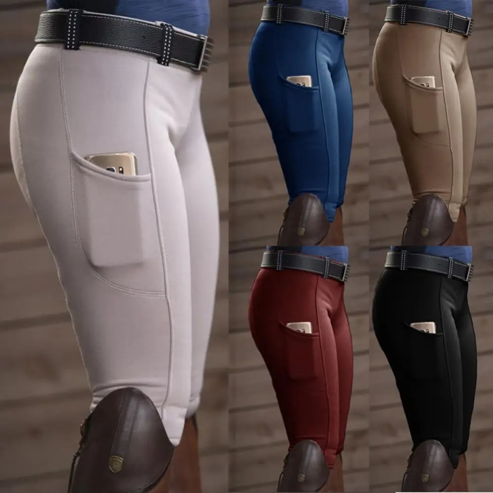 

Solid Color Pants Women Elastic Trousers Pocket Hip Lift Equestrian Horse Racing Trousers