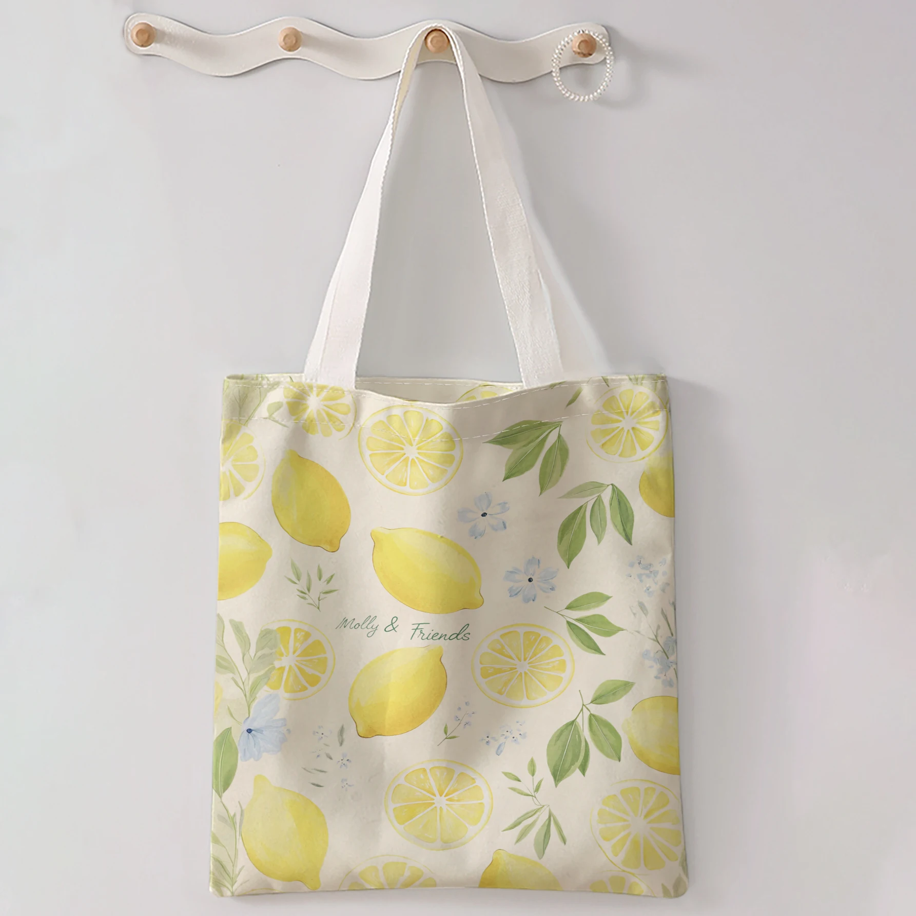 Watercolor Lemon Slice Green Leaf Tiny Blue Floral Print Tote Bag Large Capacity Shoulder Bag For Shopping Travel Daily Use