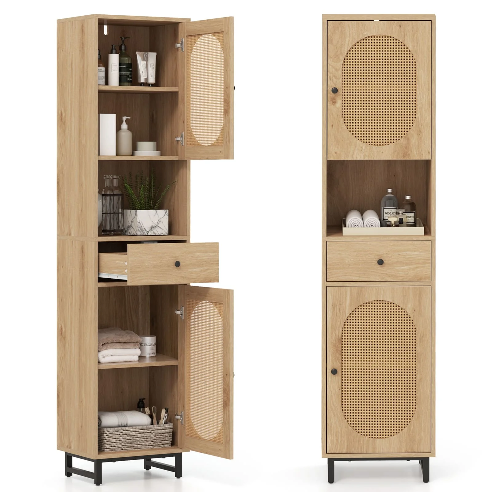 GOFLAME 170cm Tall Bathroom Cabinet PE Rattan Floor Cabinet w/ 2 Doors