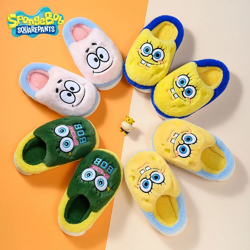 Anime Sponge Cute Bob Children\'s Thick Plush Slippers Kawaii Autumn Winter Warm Indoor Anti Slip Home Shoes Cartoon Cotton Shoes