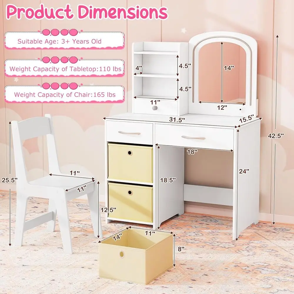 طقم فانيتي للأميرة البيضاء مع مرآة مضاءة، ومكتب مكياج، ومقعد، وأدراج وأرفف للفتيات الصغيرات