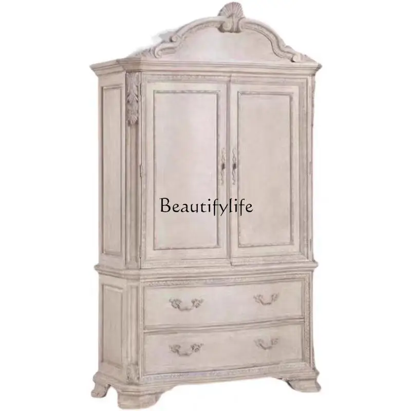 

American retro wardrobe two doors European solid wood carving flower old high-end double door bedroom