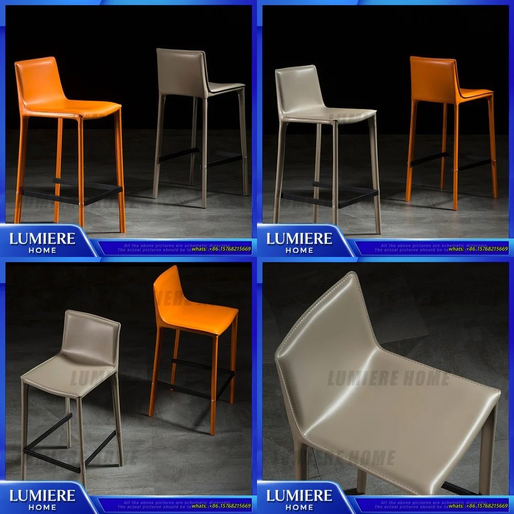 

Scandinavian Bar Stool Modern Minimalist Saddle Leather High Back Counter Chair for Home Cafe Bistro Coffee Shop Lounge Use