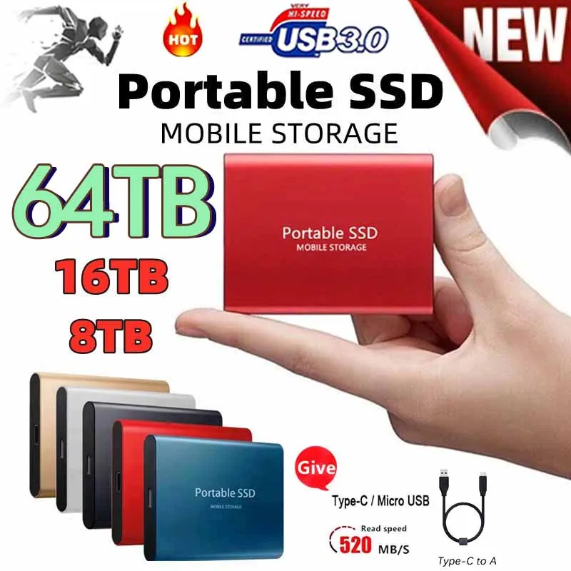 Hard disk eksternal portabel SSD 1TB, Hard drive eksternal kecepatan tinggi, Solid State Drive seluler 500GB, penyimpanan eksternal desives untuk PC/ Mac